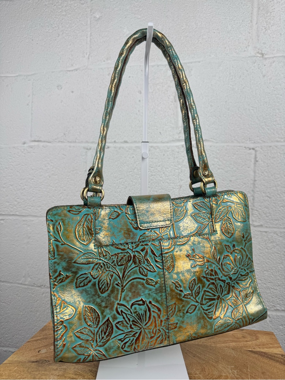 Patricia Nash Turquoise Gold Tooled Floral Leather Satchel Tassel Bag - Picture 2 of 15